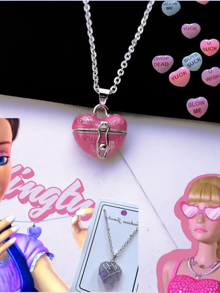 Pink Heart Necklace French Retro Castle Necklace Jewelry Can Open The Box Gemstone Y2K Clavicle Chain Accessories Christmas Gift