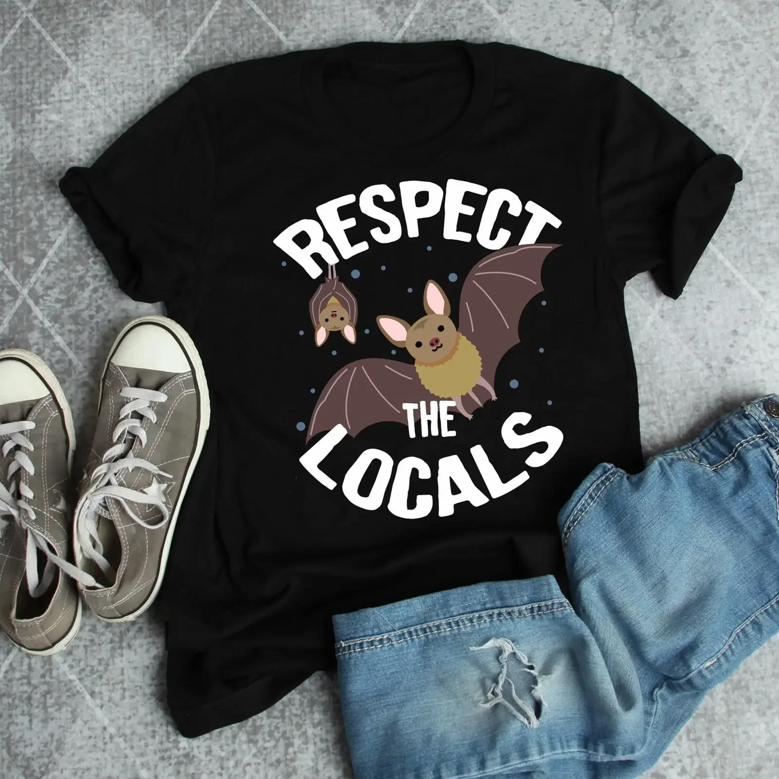 Respect The Locals Cute Bat T Shirt Animal Lover Nature Wildlife Conservation Halloween Goth For  vintage Washed streetwear