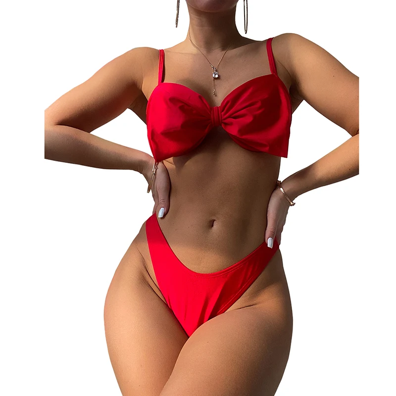 2023 Two Pieces Sexy Bikini Sets Red Bow High Cut Women Swimsuits Sexy Thong Biquini Mujer Split Swimwear Bathers Bathing Suit