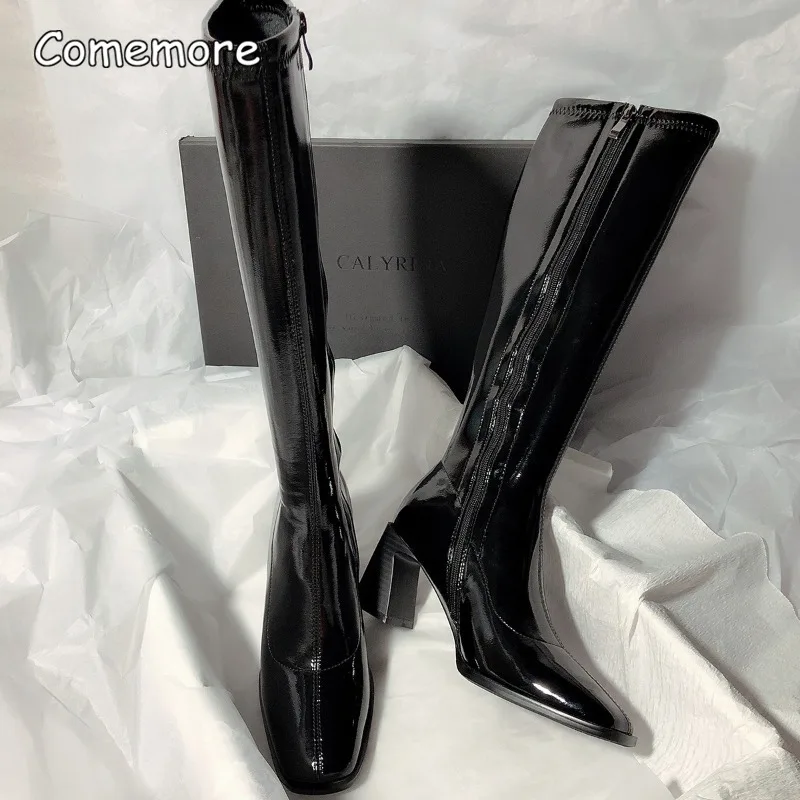 Comemore 2023 New High-heeled Tight Boots Simple But Knee-length Boot Square Head Female Fashion Ladies Shoes Luxury Sexy Heels