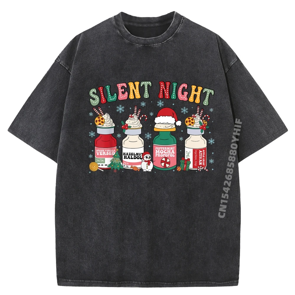 

Slogan Silent Night Mens T-Shirt Graphic Tees Outdoor Washed Shirt Mens Streetwear Casual Fashion Printed Tshirt