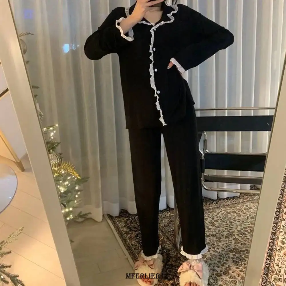 Plus Size 6XL 150KG Women Autumn Sleepwear Turn Down Neck Long Sleeve Pajamas Sets Large Women Top and Pants Big Size HomeWear