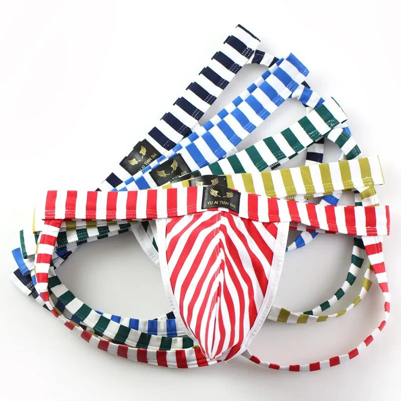

5PCS Men's Sexy Thong Underwear JockStrap Lingerie Striped Cotton Bikini Thongs Double G-strings Panties