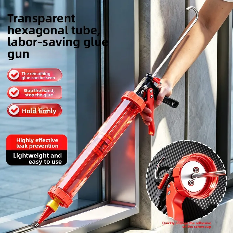 Labor‑Saving Caulk Gun Hexagonal Tube Transparent Body Industrial Auto Cut Thickened Sealant Gun Kitchen Bathroom Waterproof
