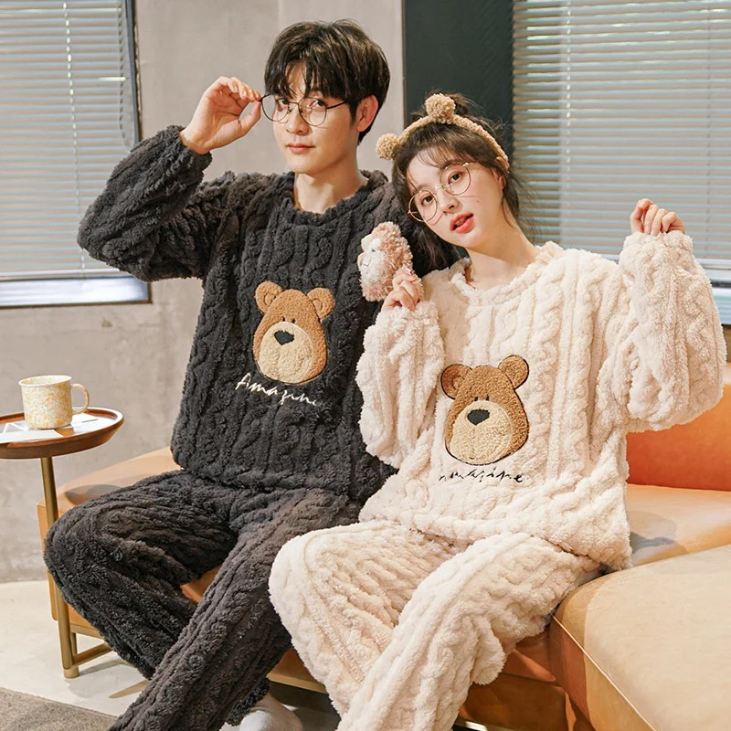 Autumn and Winter 2023 New Big Brand Warm Cute Cartoon Pajamas Couple Set Women Coral Fleece Flannel Men\'s Home Wear