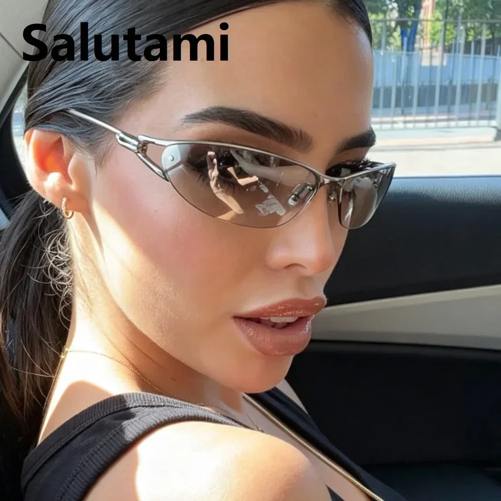 Neue silberne Y2K Metall-Cat-Eye-Sonnenbrille für Damen, modische Halbrahmen-Sonnenbrille mit klaren, getönten Gläsern, UV400, trendige Sonnenbrille für Herren, UV400 – Detail 2