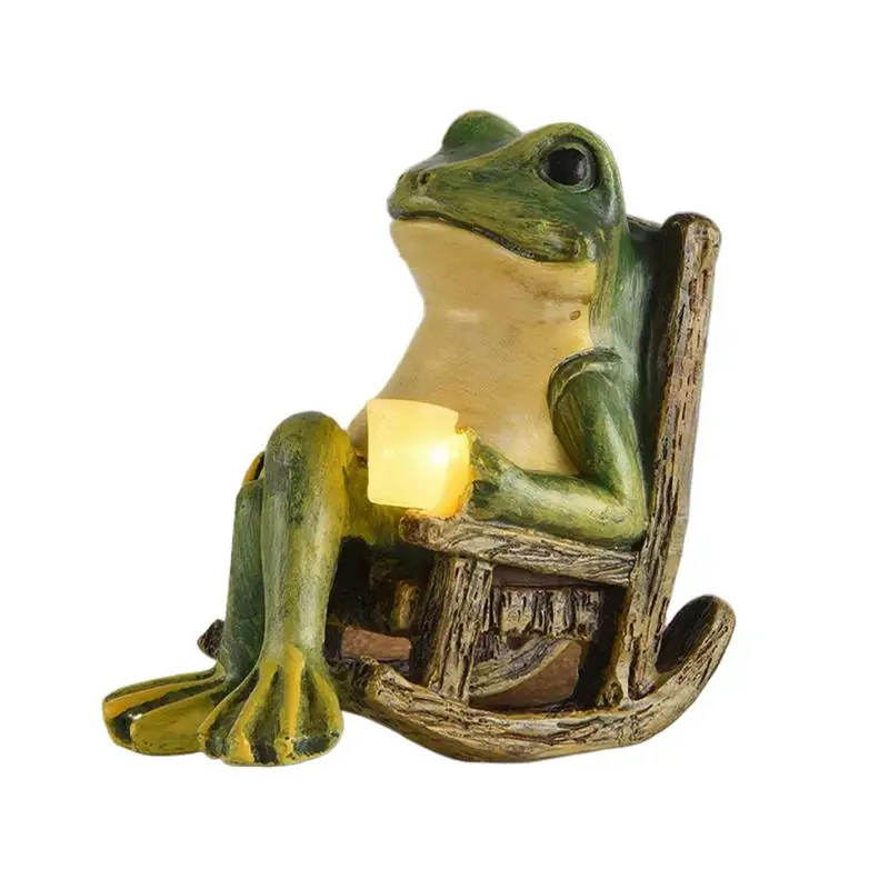 Solar Frog Garden Decor Rocking Chair Resin Frog Sculpture Night Light Waterproof Holding Cup Animal Statue For Outdoor Balcony