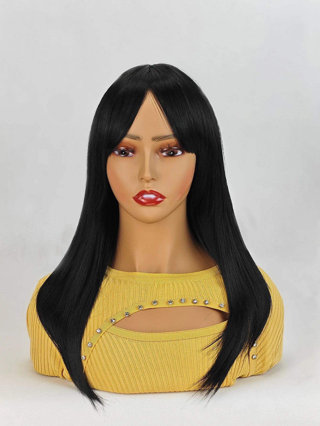 Long Black Wigs for Women,Natural Black Wigs with Bangs Layered Shoulder Length Synthetic Wig for Daily Party (24 inch)