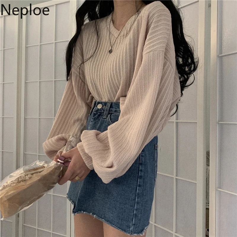 Neploe V Neck Lantern Long Sleeve Knit Pullover Sweater Women Retro Loose Crazy Style Short Mutlicolor Pull Femme Autumn 48271