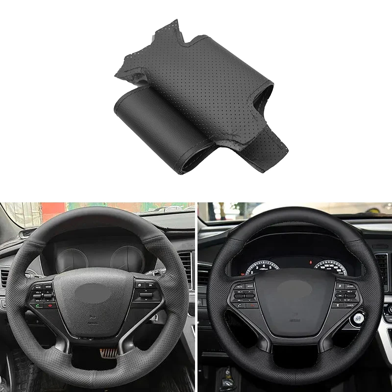 Black-Line Perforated Hand Sewing Leather Steering Wheel Cover Trim Decorative For Hyundai Sonata 9 2015 2016 2017 (4-Spoke)