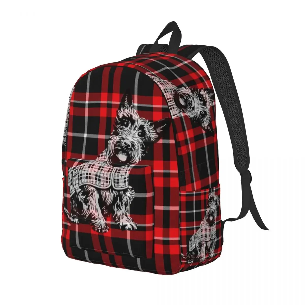 Scottish Terrier Dog On Red And Black Tartan Plaid Canvas Backpacks for Boys Girls Scottie Pet School College Travel Bag Bookbag