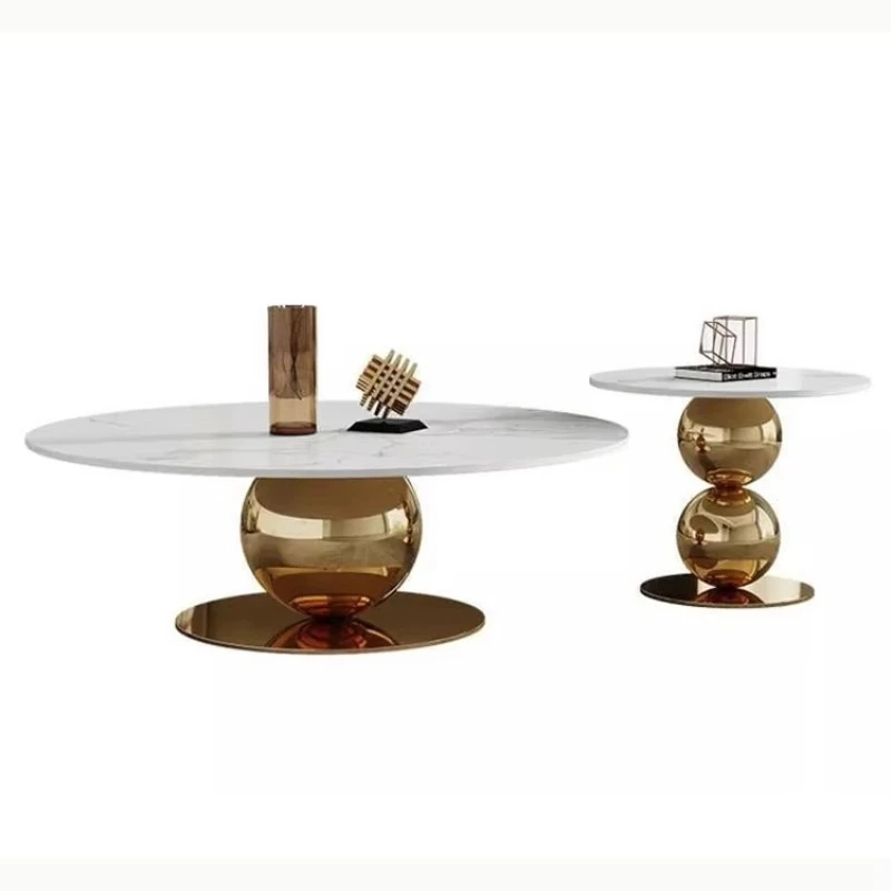 

Light luxury stainless steel coffee table high and low combination marble rock slab metal