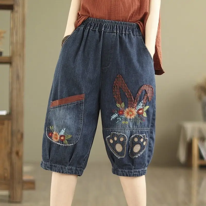 الرجعية المرقعة المطرزة الجينز خمس دقائق الدنيم الحريم جديد الصيف فضفاض منتصف طول السراويل #2