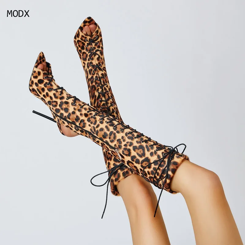 

2025 Summer Thin High Women Heels Knee High Boots Peep Toe Boot Women's Shoes Sexy Lace Up Stilettos Long Booties 44