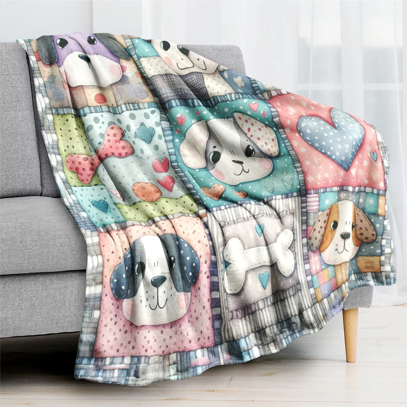 Cute Puppy Patchwork Flannel Blanket 2DSingle Print Colorful Home Decor Soft Adorable Pet-Themed Durable Living Room Use Blanket