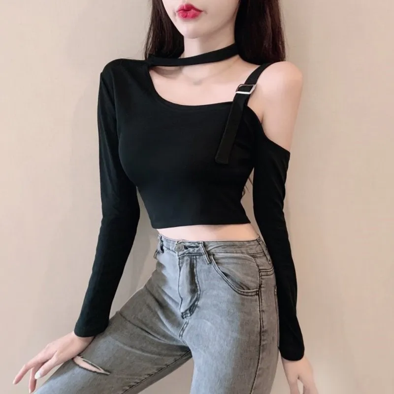 Sexy Fashion Korean Edition Irregular Hanging Neck Off Shoulder Sexy Slim Fit Off Navel Long sleeved T-shirt