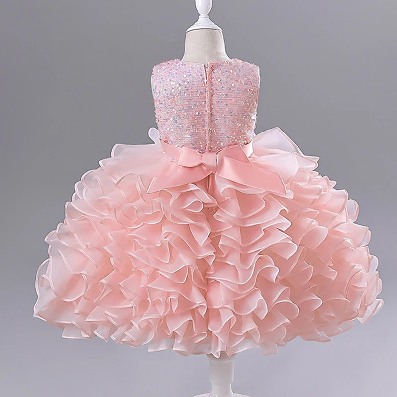 Princess Girls Sequin Layered Puffy Party Dresses Baby Kids High Quality Elegant Wedding Flower Girl Ball Gown Dress  Clothing