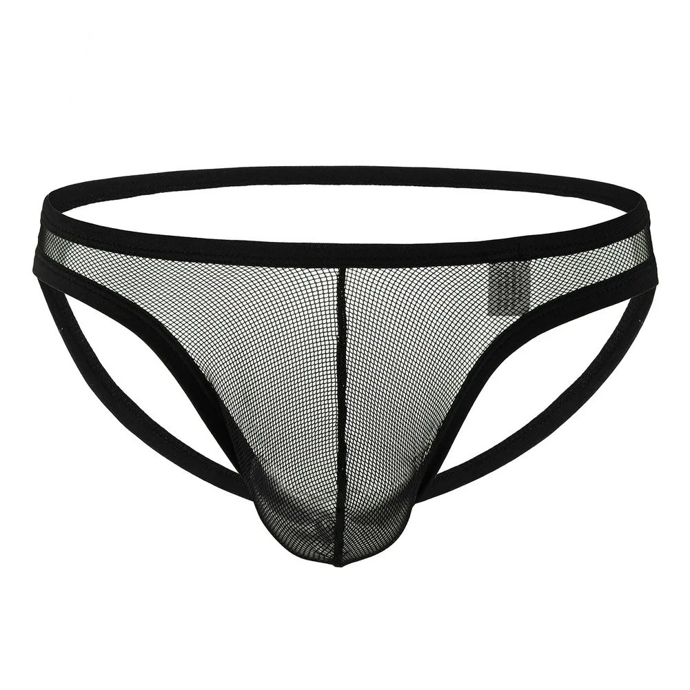 Men's Sheer Thong Underwear Seamless Mesh Fabric Bulge Support Pouch Backless Solid Color G String Underpants Size M-2XL