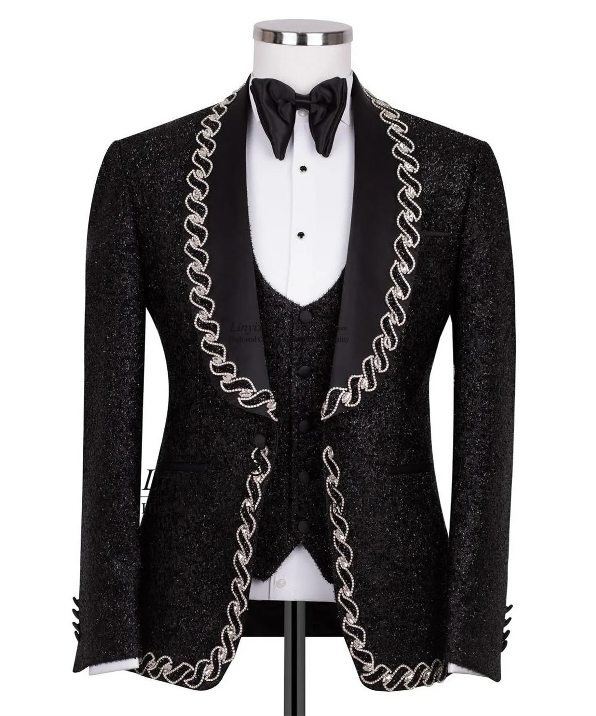 Luxury Jewelry Ornament Tuxedos Men Suits Customized Glitter Sequins trajes para hombre 3 Piece Sets Wedding Groom Party Blazer