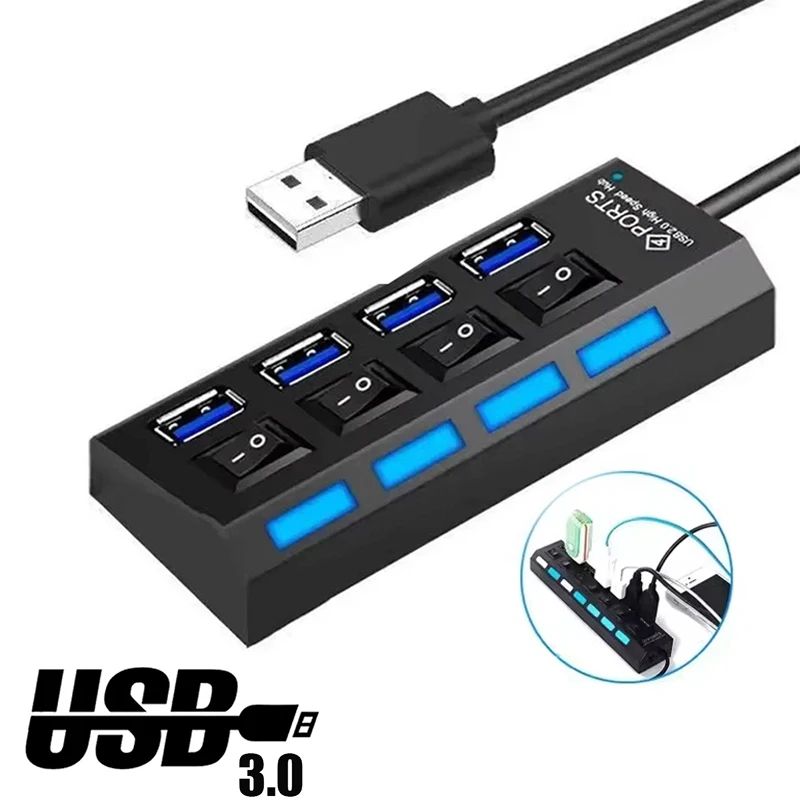 4 Port USB 2.0 Hub With Switch LED Lamp High Speed Multi Splitter Expander Adapter For PC Laptop Desktop Computer Accessories