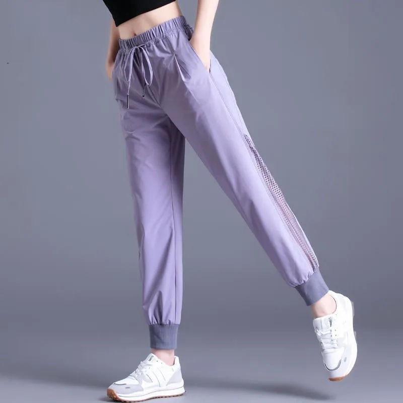 Female Solid Color Fashion Elastic Drawstring Sports Pants Simplicity Casual Hollow Out Cropped Pants Summer Women's Clothing