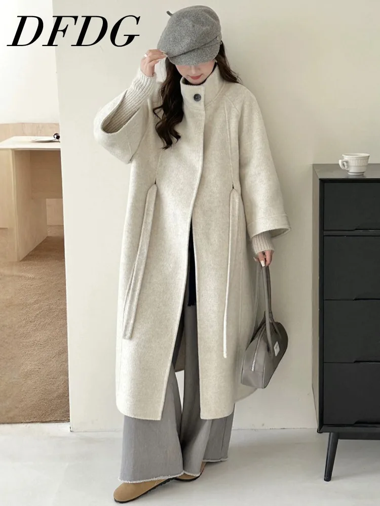 

DFDG 2025 AW Women’s Stand Collar Raglan Sleeve Coat Double Faced Wool Belted Mid-Length Jacket Tailored Trench Outfit Coat