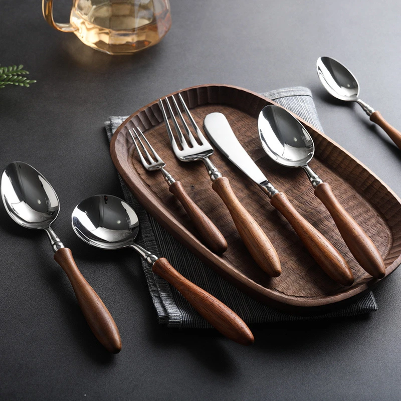 

Stainless Steel Spoon Teaspoon Fruit Fork Ebony Steak Knife Fork Western -style Seven -piece Seven -piece Set Tableware Kitchen