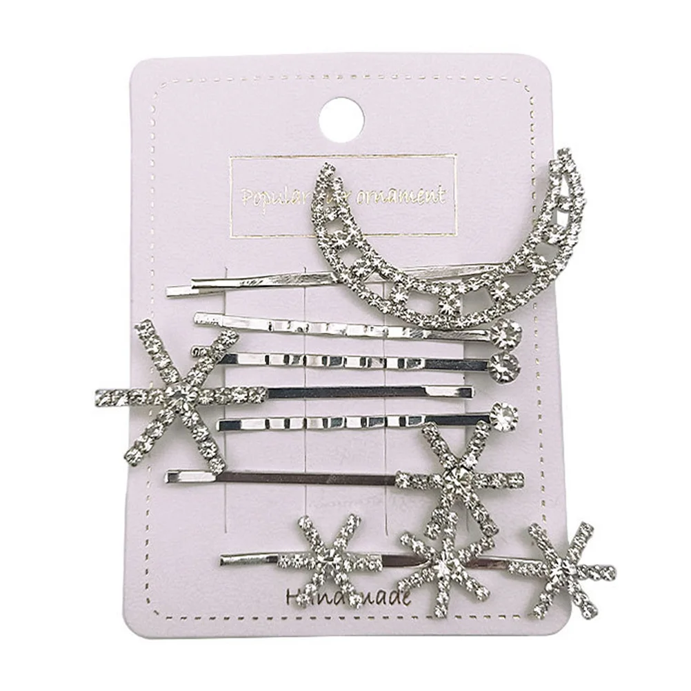 

7Pcs Crystal Hair Clips Elegant Silver Retro Side Headwear Durable Premium Alloy Star Moon Shape Accessories Stylish Women