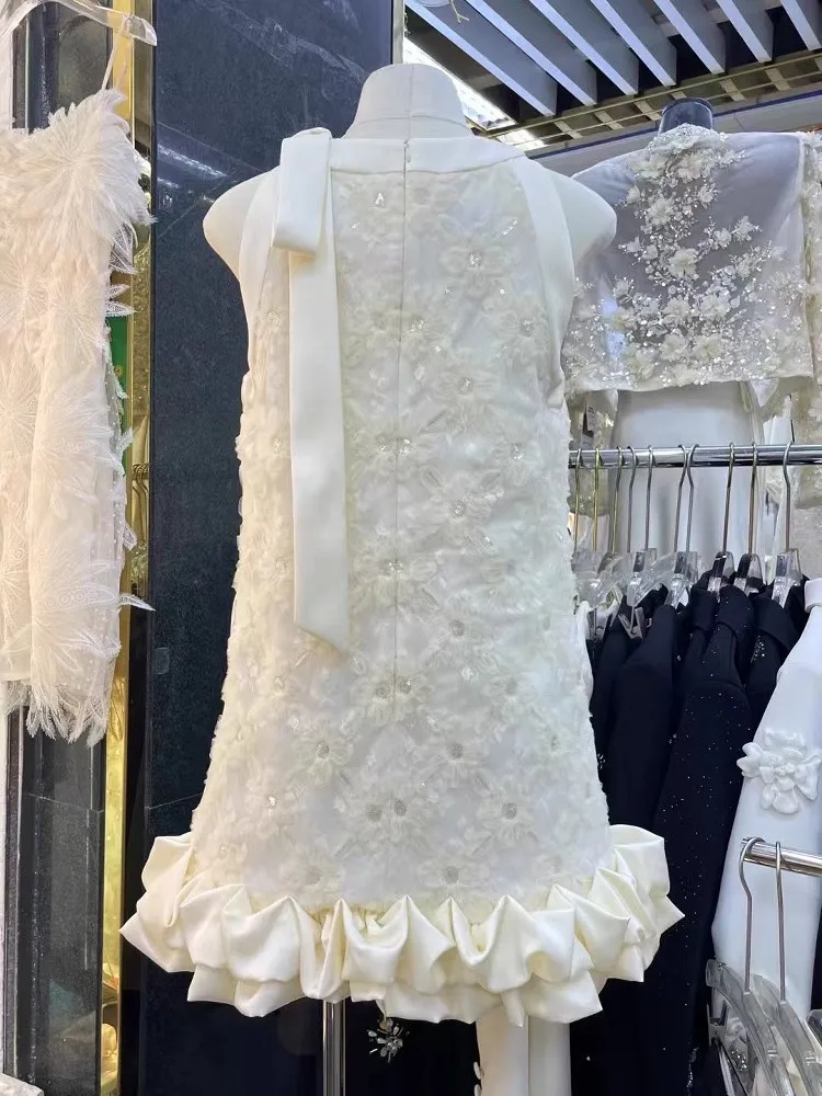 甘い女性フリルスプライシングレース花ノースリーブタンクドレスちょう結びエレガントな夏のパーティーフレンチスタイルの女性 A ラインショートドレス