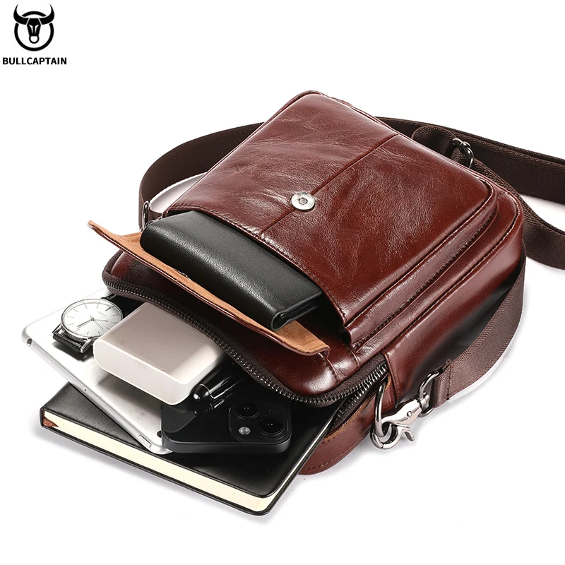 BULLCAPTAIN Men\'s Genuine Leather Shoulder Bag Multifunctional 7.9-inch Tablet Handbag Retro Casual Crossbody Bag Cowhide