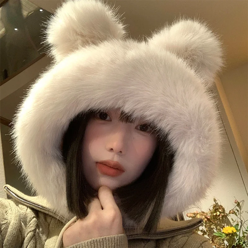 Cute Bear Ear Plush Hats For Women Girls Fluffy Thicken Imitation Mink Hair Ear Protection Bomber Hats Outdoor Warmer Caps