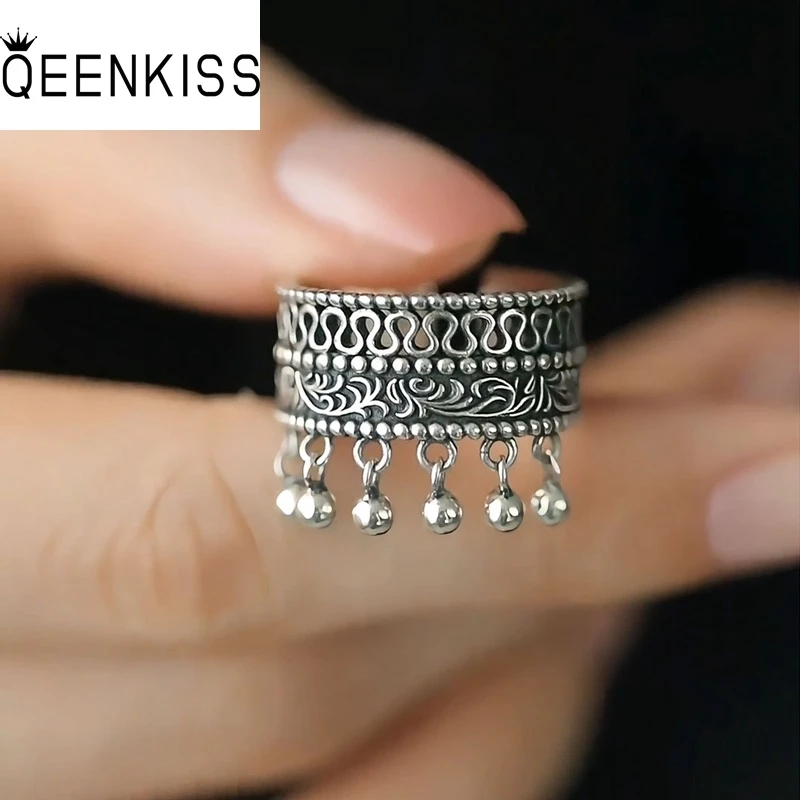 

QEENKISS 925 Sterling Silver Vintage Lace Tassel Rings for Women Birthday Wedding Party Christmas Bride Mother Girl Gifts RG7101
