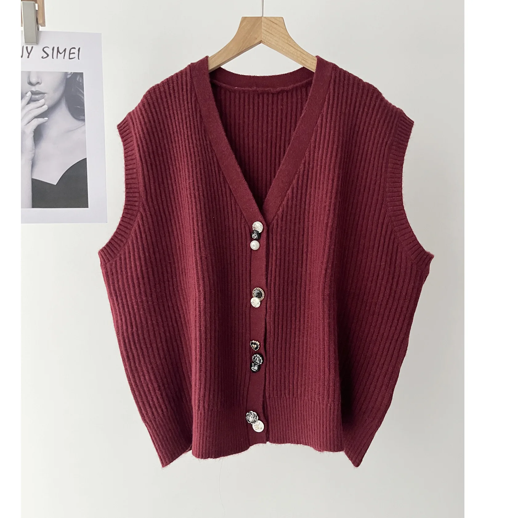 

Винтажный вязаный жилет в студенческом стиле, зимний красный свободный топ для женщин 081-5916