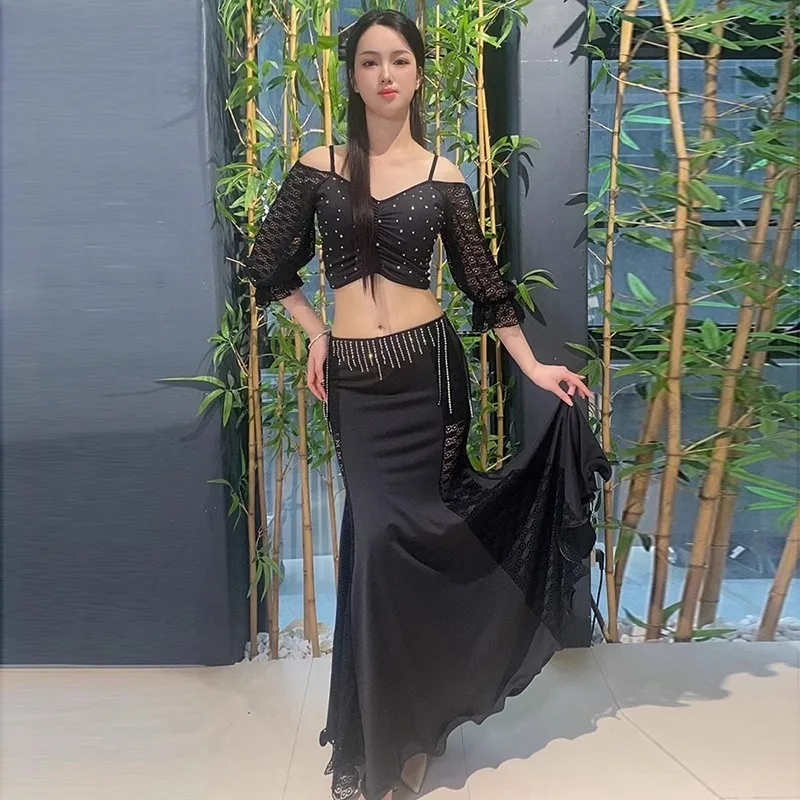 تخصيص ممارسة الرقص الشرقي الزي المرأة الدانتيل الأبيض منتصف الأكمام الخامس الرقبة حجر الراين أعلى الورك ملفوفة ذيل السمكة تنورة طويلة مجموعة