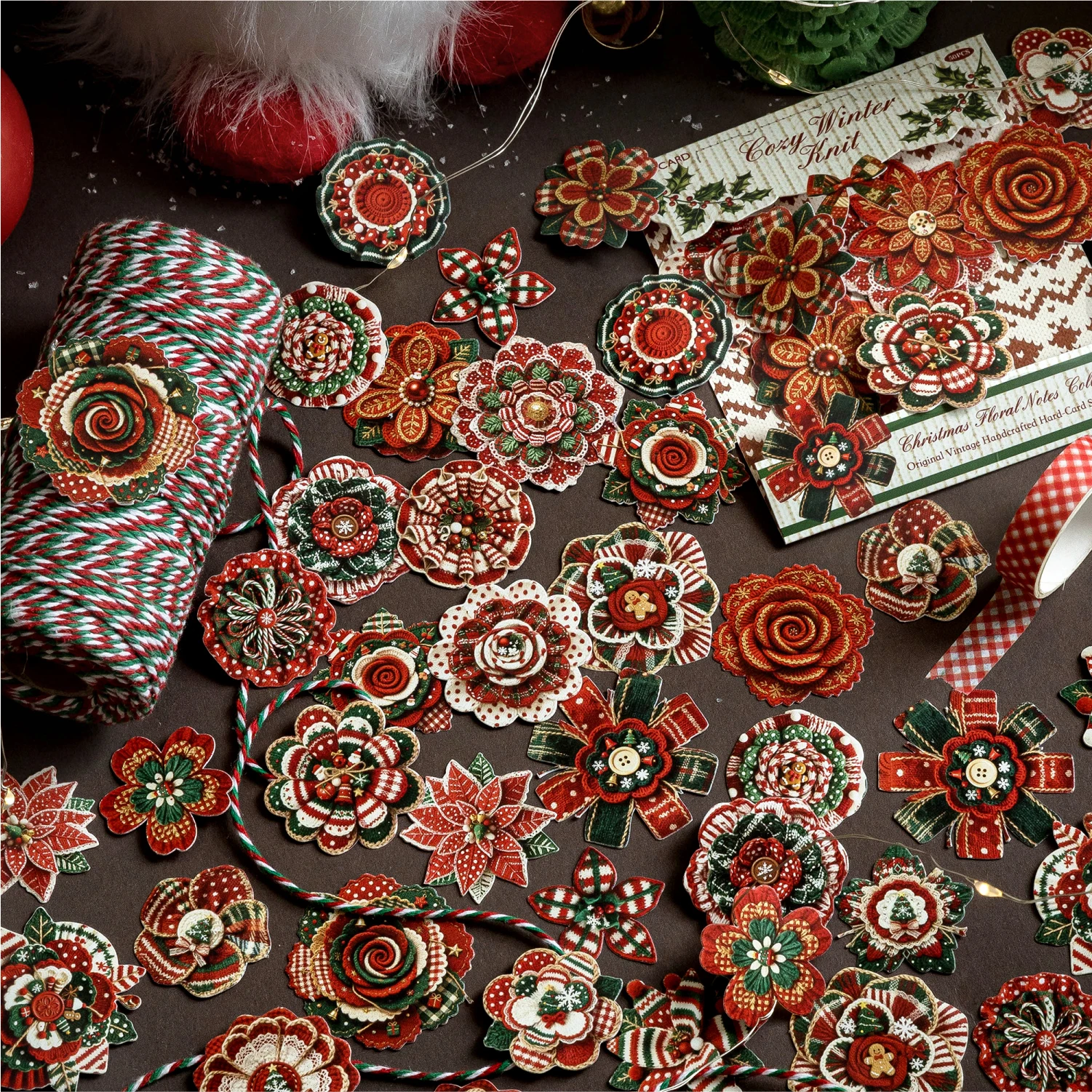 50 pcs Retro Christmas flowers Series Stationery Stickers Book Merry Santa Claus Cute Bullet Journaling Decor Stationery Sticker