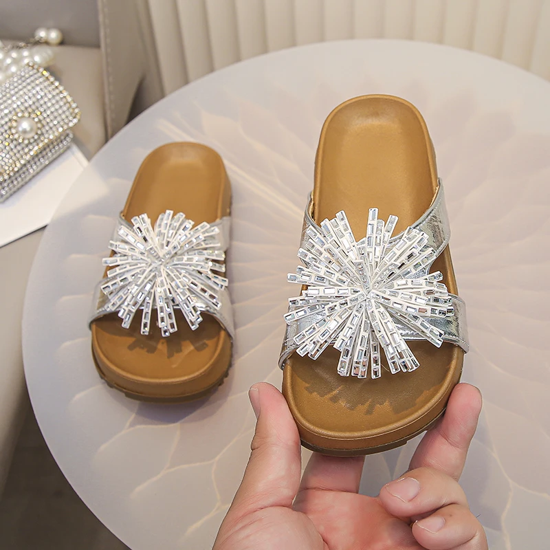 Girls Sparkly Fringes Leather Sandals 2026 New Summer Toddler Platform Beach Slippers Non-slip Simple Comfort Outdoor Pool Shoes