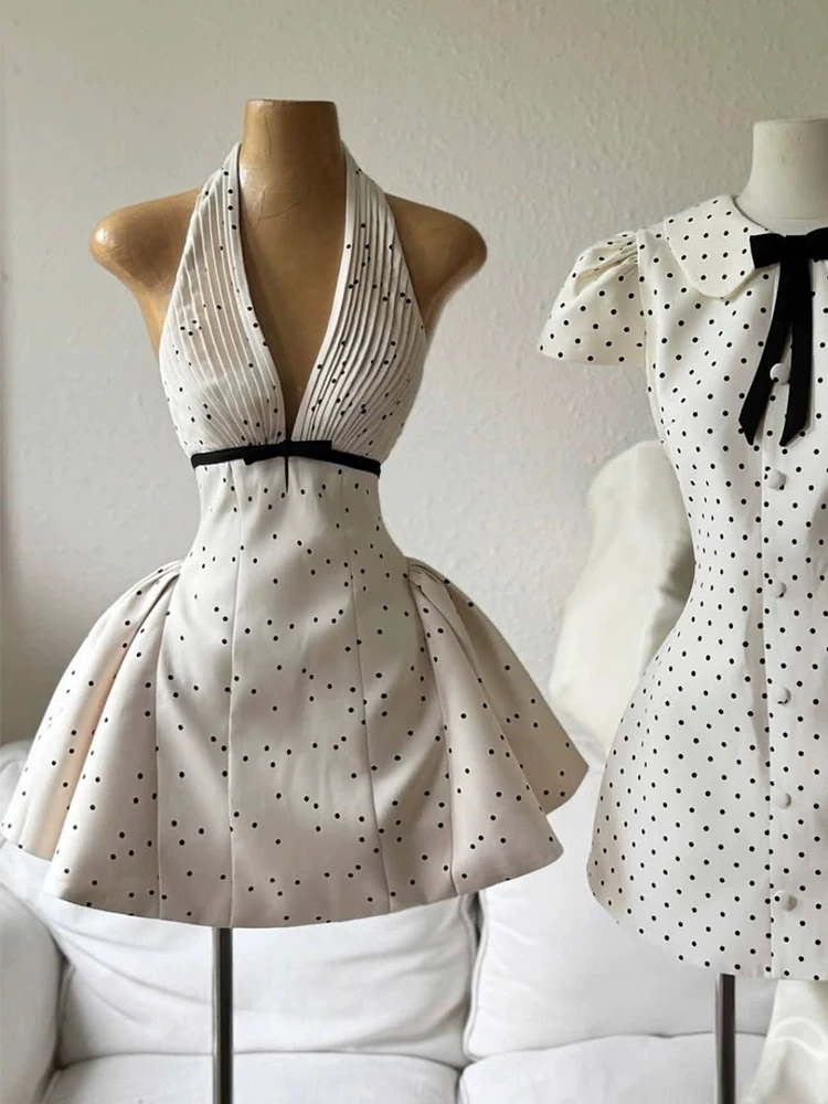 

Sexy Polka Dot Halter Dress Women's Summer New High Quality Slimming Skirt A-Line Silhouette No-Sleeve Polyester Fiber