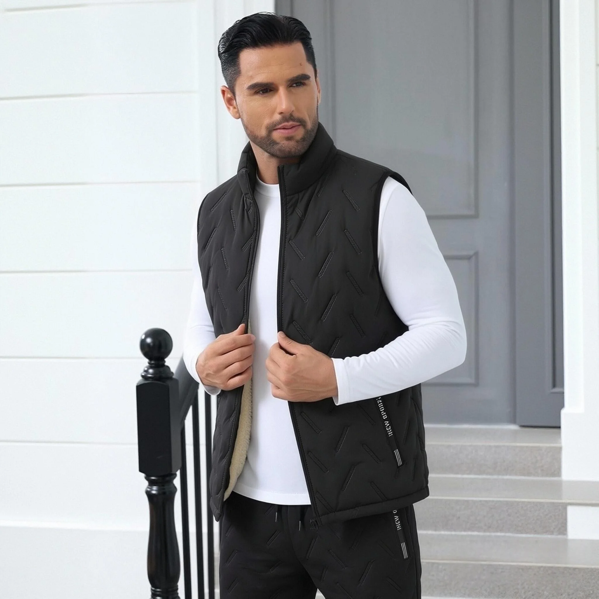 Immagine 7: Completo invernale da uomo composto da due pezzi: gilet imbottito con fodera in pile e pantaloni termici in cotone, antivento, caldo e casual.