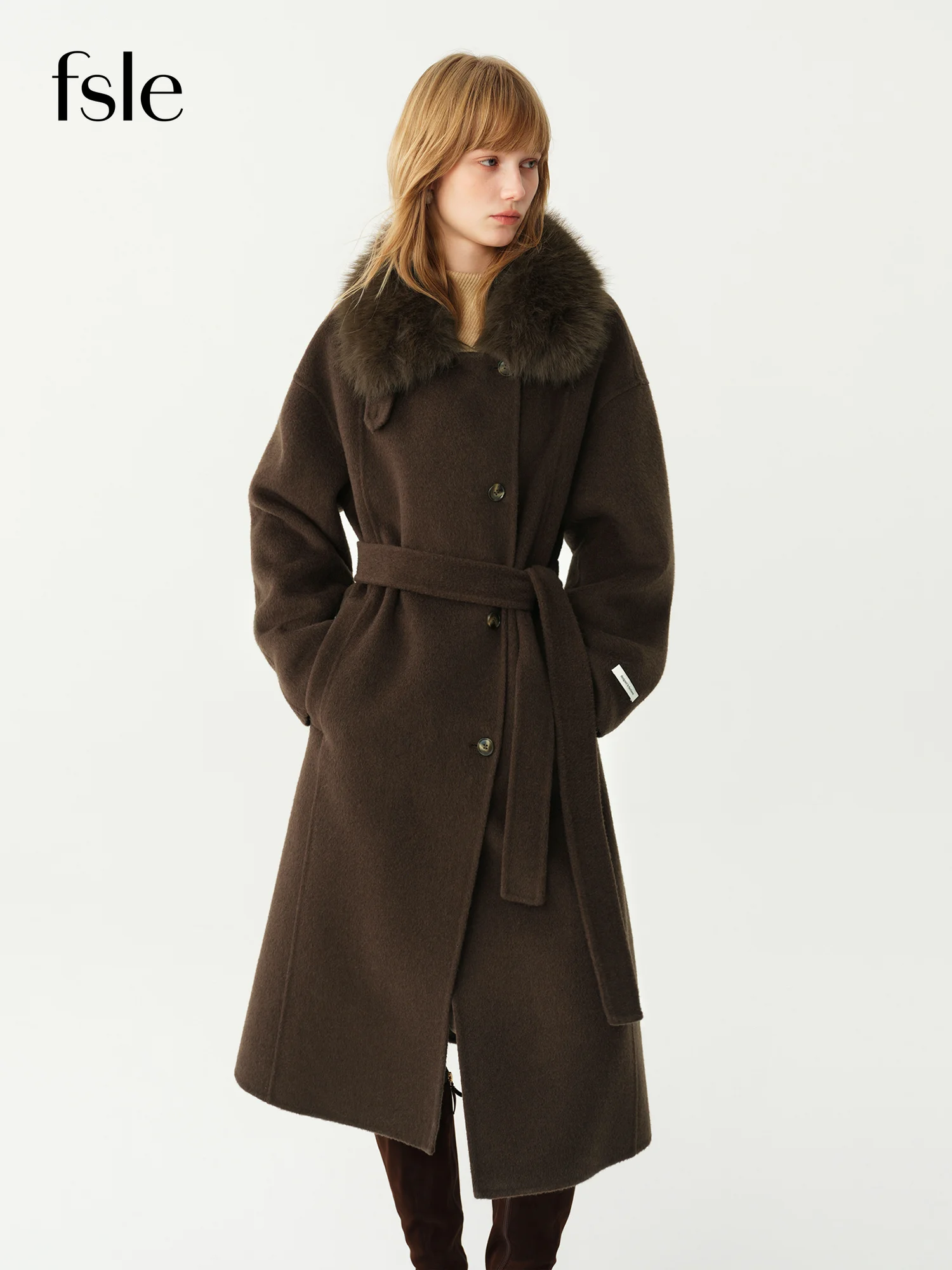 FSLE New Winter Women Cashmere Fur Collar Double Faced Wool Coat Trench Style Belted Stand Collar Long Warm Elegant Outerwear