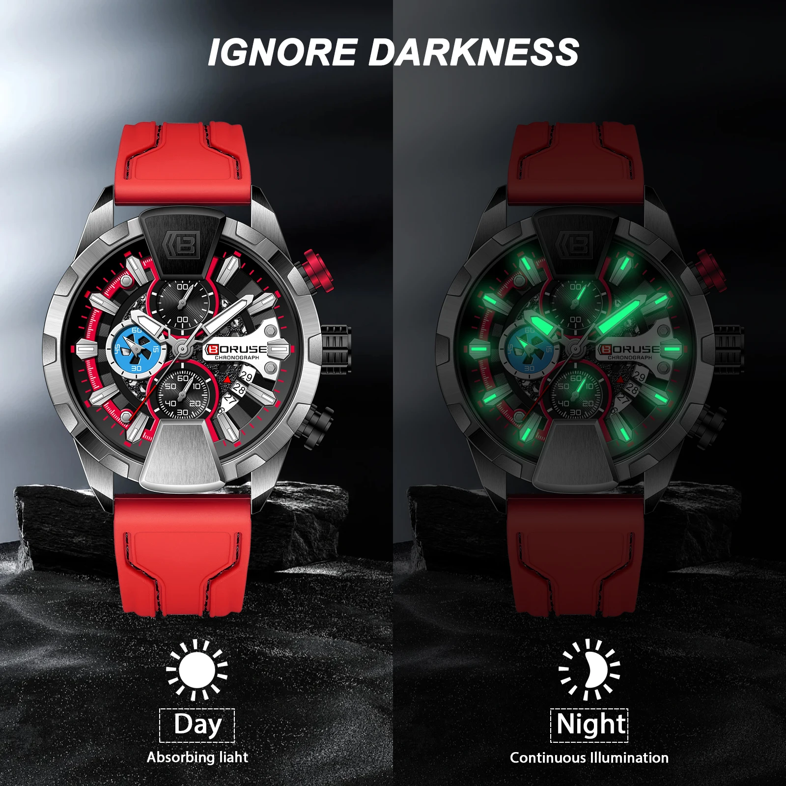 BORUSE Red Watch for Men Fashion Luxury Chronograph Quartz Wristwatch with Silicone Band Luminous Hands Date Waterproof