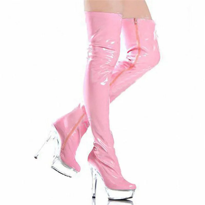 Sweet Gentle Woman Pink Patent Leather 15cm High Heeled Shoes 6 Inches Over The Knee Boots Nightclub Pole Dancing Exotic Dancer