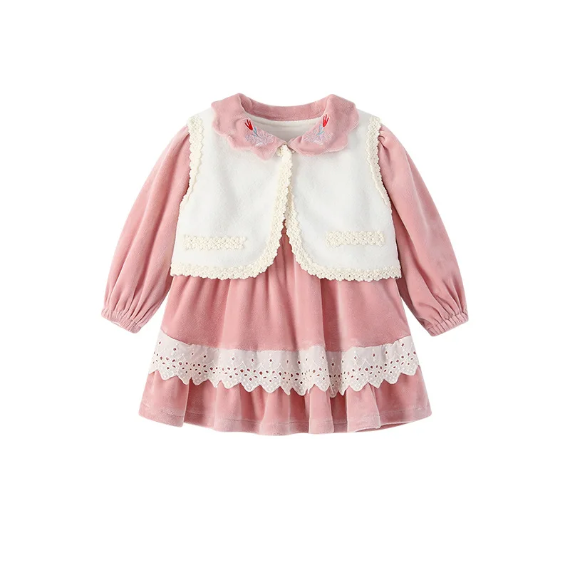 2023 Baby Girls Velvet Dress Set Kids Princess White Vest Cardigan + Pink Dresses Autumn Winter Children Clothes Outfits Suits