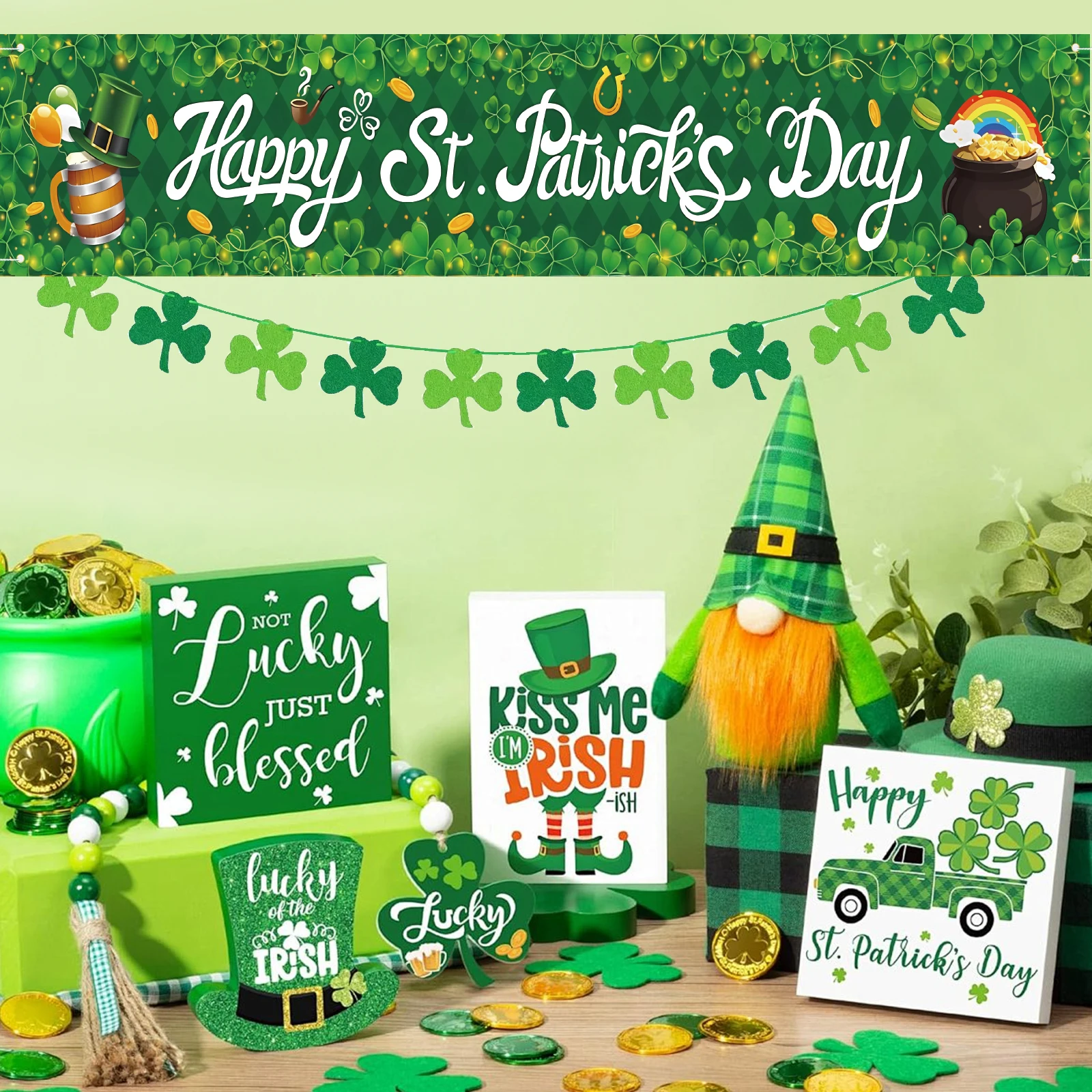 لافتة عيد القديس باتريك السعيدة، لافتة ساحة خارجية لعيد القديس باتريك المحظوظ، لافتة سياج خضراء شامروك كلوفر #2