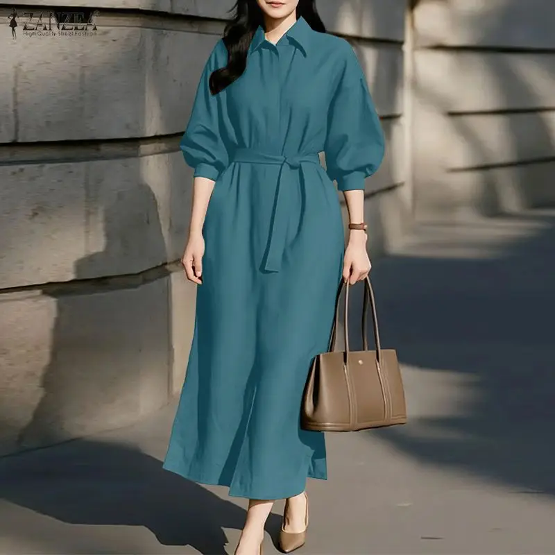 Mulheres maxi vestidos zanzea moda camisa longa vestido elegante festa vestido de verão 2026 primavera casual botões sólidos com cinto solto robe