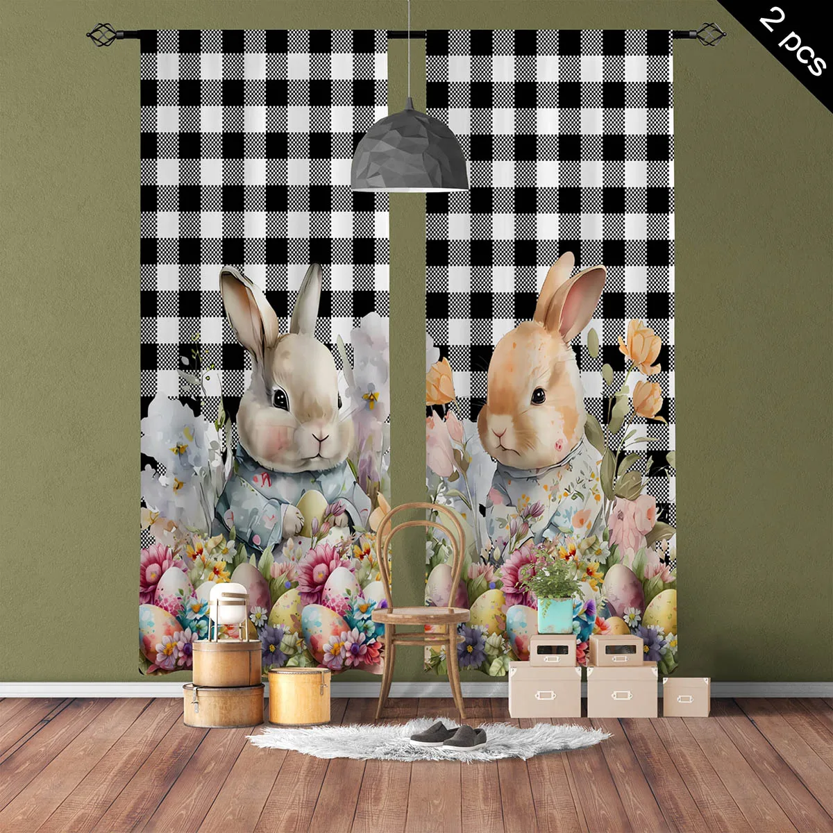 

Black And White Plaid Cute Rabbit Easter Cartoon Print Curtains Bedroom Living Room Restaurant Holiday Decoration Curtains 2 Pcs