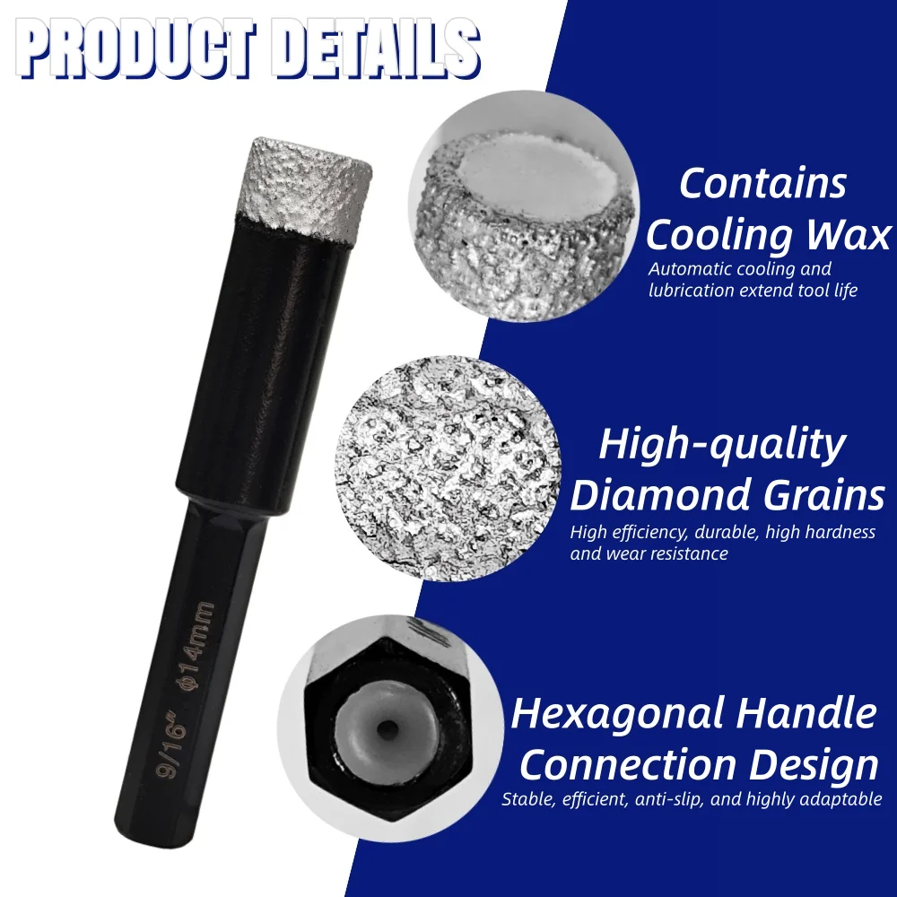 1Pcs Vaccum Brazed Diamond Drilling Bits Hex Shank Dia 6/8/10/12/14mm Drill Core Bits Tile Ceramic Granite Marble Hole Opener