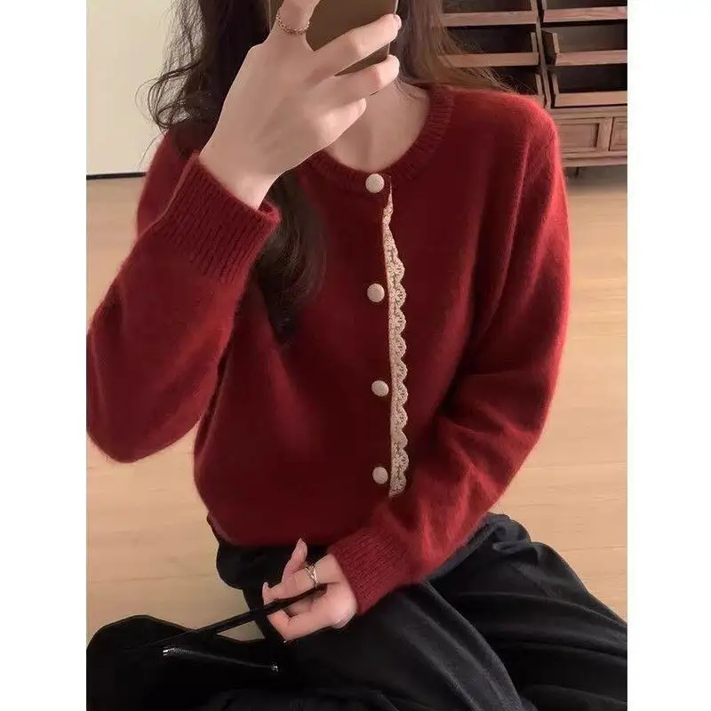 

Women's Clothing Gentle Wind Autumn Sweater Coat Lace Knitwear New Korean Version Long Sleeves Cardigan Tops Fashion Versatile