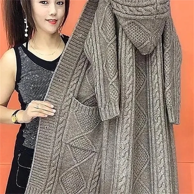 5XL New Large Size 2024 Autumn Winter Hooded Big Pocket KnittingJacket Women's Cardigan Sweater Coat Elegant Female Long Sweater