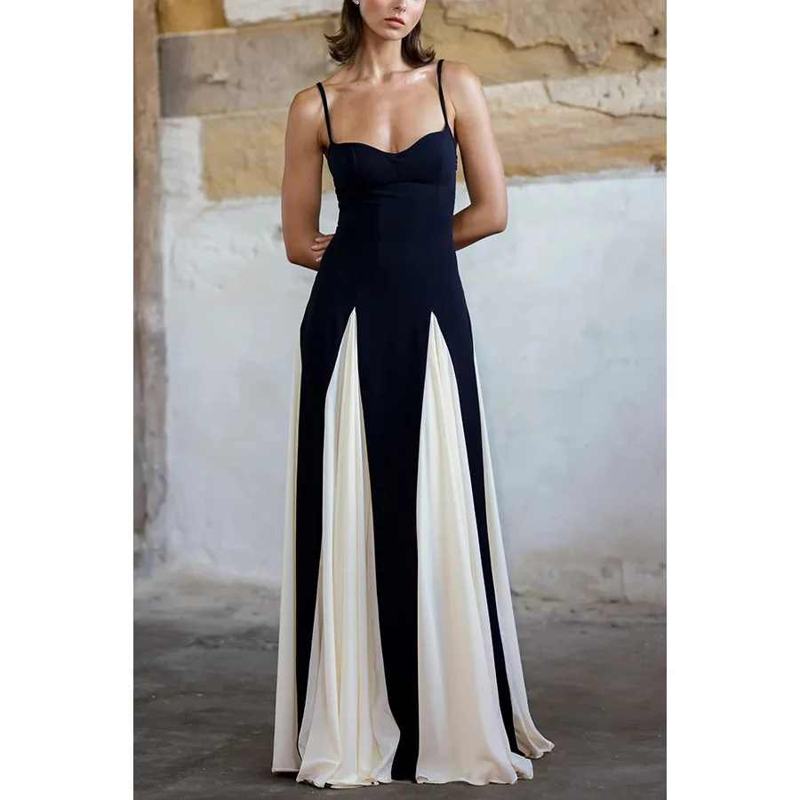 Elegant Black White Contrasting Women Sling Dress Fashion Backless Sleeveless High Waist Maxi Dresses Female Party A-Line Robes