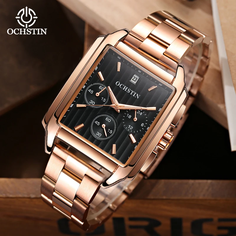 OCHSTIN Commander Series Quartz Watch Rectangular Alloy Case Men's Stable Multifunctional Movement Stainless Steel Band Clock